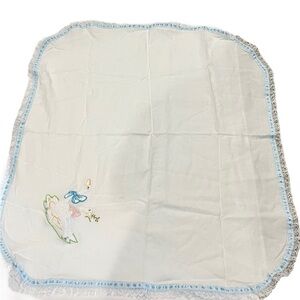 Vintage Baby Boy Cotton Blanket 1950/70s Lace Animal Print Duck Blue 39 in x 37